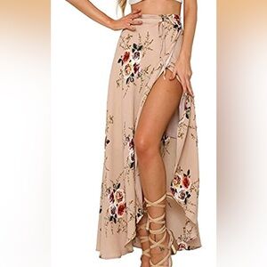 Women's Beige Floral High-Slit Maxi Skirt